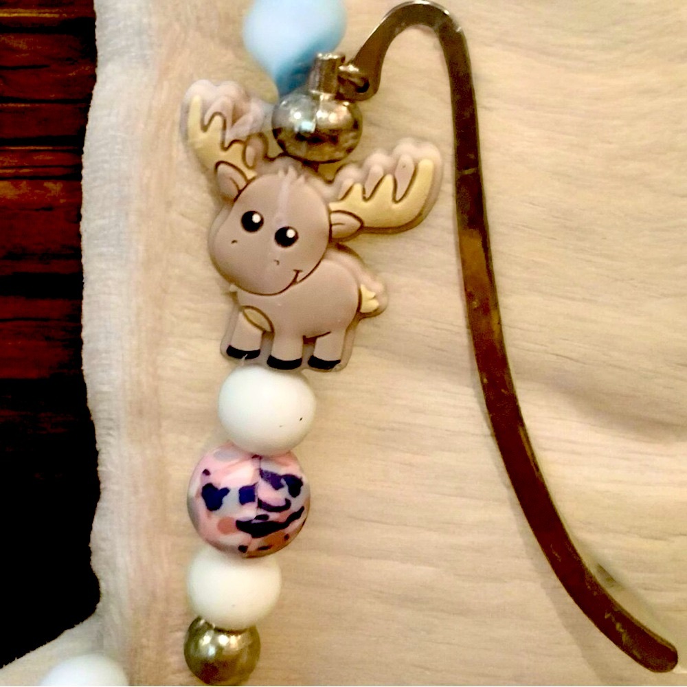 Moose Playful Beaded Tan, Pink, & White Bookmark - Picture 1 of 3